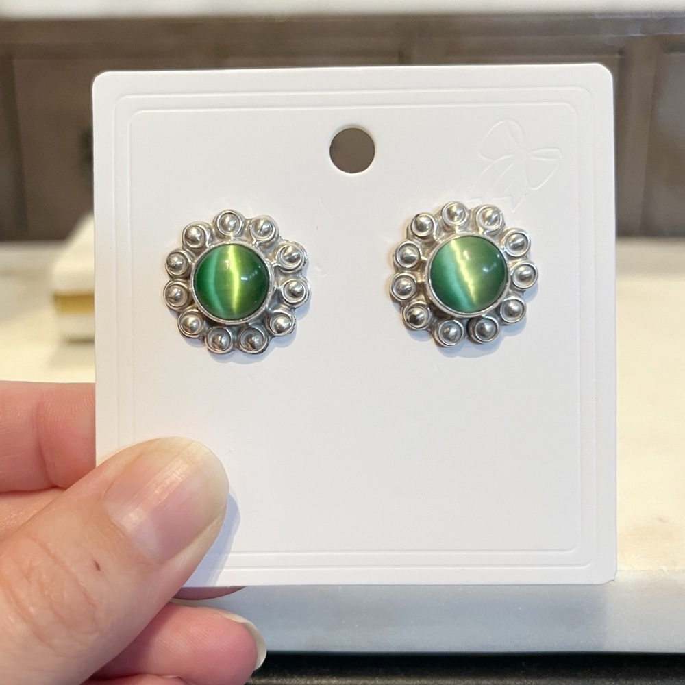 Mexican Sterling Silver Button Stud Earrings with Green Catseye Gemstone